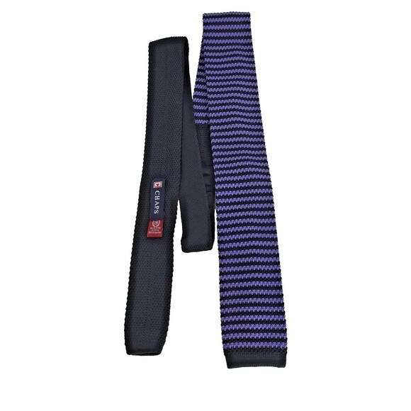 Chaps Knit Skinny Tie Black Purple Striped Mens Handmade Neckwear Square Tip - Picture 4 of 12